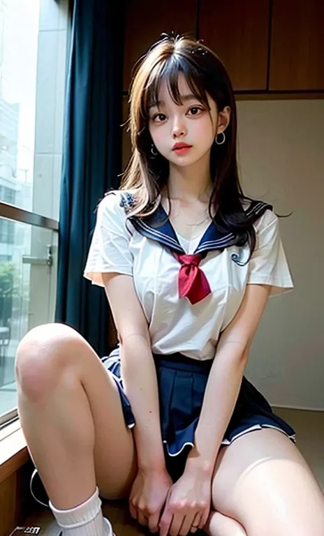 Highly detailed CG Unity 8K wallpaper、highest quality、Super detailed、masterpiece、realistic、Photoreal、bright lighting、Highly detailed cute girl、17 years old、Japanese high school girl、innocent big eyes、((droopy eyes))、long eyelashes、(Watery eye)、((ecstasy fa...