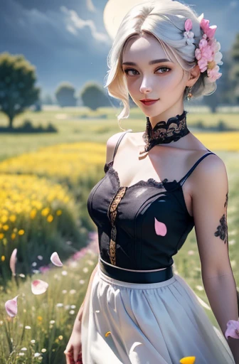 masterpiece, best quality, 1 girl, (rich and colorful),(Delicate and beautiful eyes and delicate face),cinematic Lighting,Half-length photo,Extremely detailed CG unified 8k wallpaper,white hair,alone,Smile,intricate skirt,((flying petals)),(meadow in bloom...