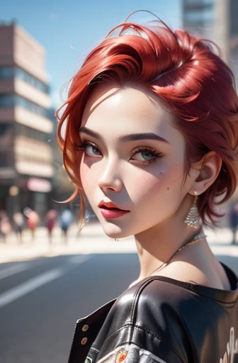 beautiful girl, bust, Bright red messy short hair, black eye shadow, (street style wear:1.2), (city background:1.2), dark makeup, The art of math, Popular topics on ArtStation, highly detailed, fine details, complex,  beautiful detailed glow, detailed, fil...