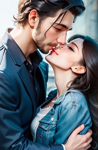 masterpiece, Superb Clothing, (illustration), ((2 people)), ((Handsome Young Couple Kissing and Hugging), (grindhouse style), Fashion, leather jacket, (long hair), (happy), (White skin), (dark circles), Handsome, , toast, trend, dark gray,, close up, (back...