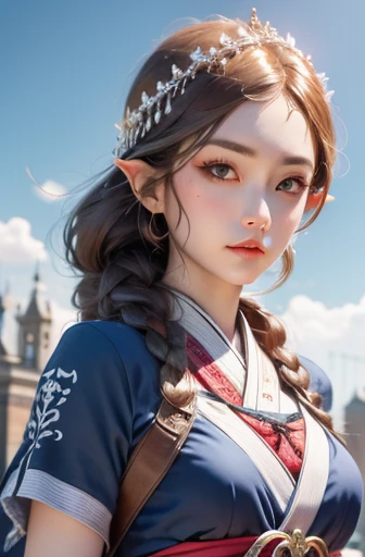 Princess Zelda full body photo, brown hair, blue eyes, dress up as《Assassin&#39;s Creed》assassin in, White+金色搭配White面具和带有金色细节的兜帽, XL bust, Use a wrist blade. background: renaissance city. Unreal Engine 5, Japanese cartoons, Japanese cartoons style, masterp...