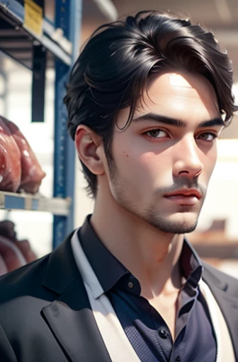 There is a handsome boy，The face details are super rich, white suit, short black hair, Super detailed characters, in the warehouse, which is piled up with meat, meat, fresh meat, Highly realistic, 4K, chiaroscuro, Ultra high detail