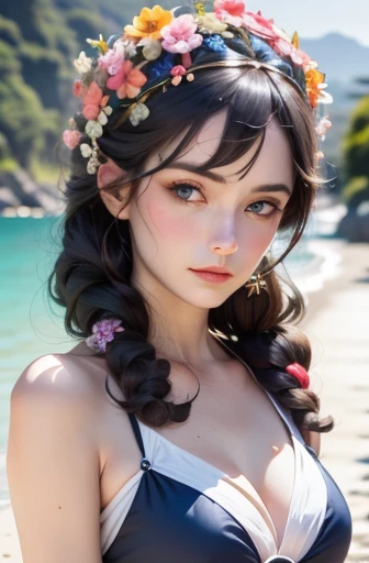 masterpiece, best quality, permanent, Liselotte Credia, faint smile, long hair, curls, Bangs, hair between eyes, hairpin, blue eyes, (blue hair:1), black bikini, beach 