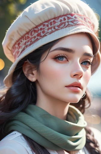 Long-haired Arafad woman wearing hat and scarf, Realistic digital art 4k, Realistic digital art 4k, Soft portrait shots in 8K, photorealism art style, photorealistic beautiful face, cinematic realistic portraits, Beautiful digital artwork, realistic beauti...