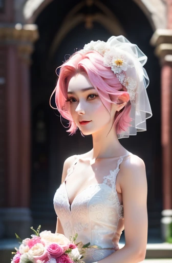 Haruno Sakura, ((alone)), alone, bride, Wearing a white wedding dress, Queen, happy, ((forehead exposed)), permanent, Enter the church, pink hair, short hair, Beautifully, young, short hair, Detailed face, HD, ((whole body)), (flowers around her), whole bo...