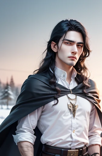 a young tall thin man，has a handsome face，Perfect thin facial features, long black hair, yellow eyes, Beautiful black eyebrows, A vampire, He had a thoughtful expression on his face, Wearing a snow-white shirt and black cape, He had a dagger in his hand