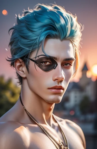 (Ridiculous, high resolution, ultra detailed), 1 male, young people, Bronzed skin. Wear an eye patch over the right eye, blue hair, dramatic lighting, detailed, masterpiece, Stand in front of the castle, sunset light, Red and orange sunset tones