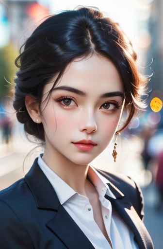 top quality, masterpiece, 1 girl, pretty face, (Realistic photos:1.3), edge lighting, (High detail skin:1.2), 8k超HD, DSLR camera, high quality, HD, 4K, 8K, Bokeh, (real: 1.3), Small face, cute girl, black formal blazer, Medium chest, short skirt,office