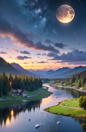 very starry night. There is a huge moon behind the mountain. The quiet lake reflects the night. The sunset is accompanied by flying cranes. Realistic scene, detail, photorealism, 8K