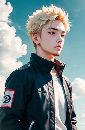 Zhibi Naruto, 1boy, blonde hair, male focus, alone, sky空, green eyes, cloud, sky, beard mark, bird, blue sky空, boy, Jacket, outdoor, Upper body, cloudy sky空