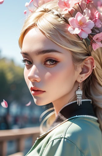 1 girl, blond,  cexist_ear, animal_ear, alone, dark_skin, tan_skin, Foggy neon futuristic,  summer jacket, cherry blossoms falling, portrait style, watching_exist_audience, cinemexistic lighting,  Eyeliner, cosmetic, emotional,  Very detailed, Wide-angle l...