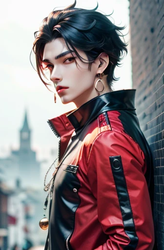 male anime character, Red eyes, black hair, long blue hourglass tip earrings, blue, Clothes in red and black tones, male  