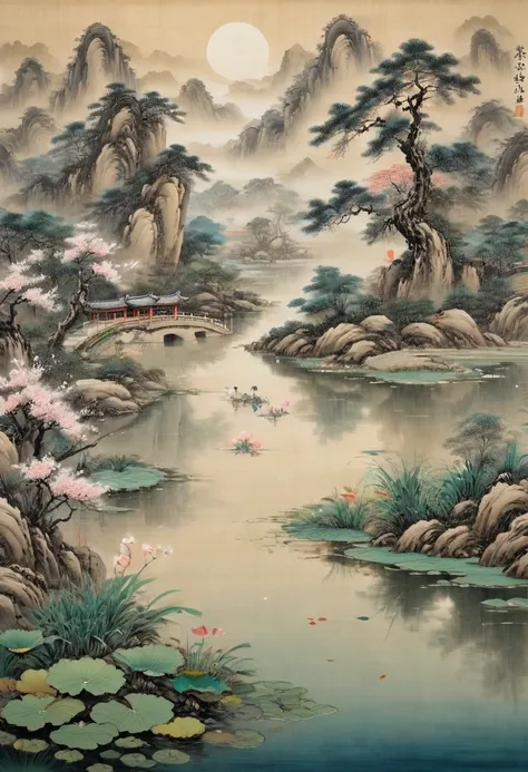 Evening Pond, by Song Huizong Zhao Ji, (masterpiece, best quality, perfect composition, very aesthetic, absurdres, ultra-detailed, intricate details, Professional, official art, Representative work:1.3)