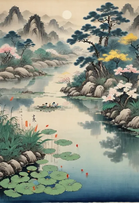 Evening Pond, by Feng Zikai, (masterpiece, best quality, perfect composition, very aesthetic, absurdres, ultra-detailed, intricate details, Professional, official art, Representative work:1.3)