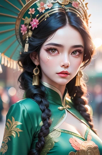 ((whole body)), samdoesarts style award winning whole body portrait of a beautiful woman, ((perfect female face)),((Chinese green clothes)), ((Green Peking Opera Costume)), (long sleeve) pavilion, complicated, (beautiful details eyes, elongated eyebrows),(...