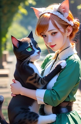 (2 cats:1.3), (2 animals:1.3), ((black brown eyes cat)), ((ginger green eyed cat)), (Embrace:1.2), wonderful atmosphere, Lovely atmosphere, Magic dust