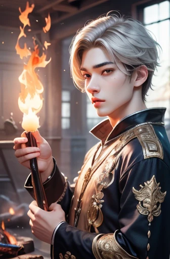 high detail, clear, 8 gm, Young lad, 18 years old, light gray hair, short hairstyle, yellow eyes, Stand on the fire, realism, fantasy,