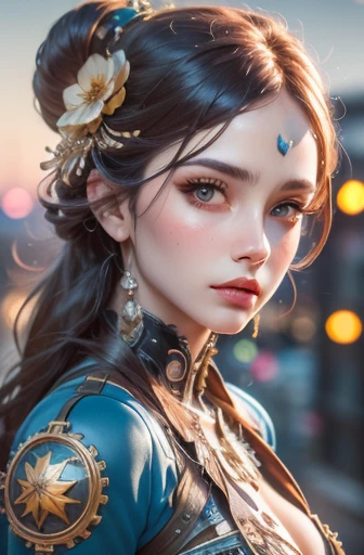 Steampunk woman portrait, Intricate details, digital lighting, Sunset Gradient, Pop Art Station Headquarters, octane rendering, Unreal Engine 4 mdjrny-v4 style