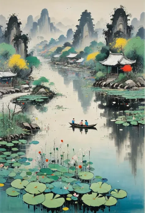 Evening Pond, by Wu Guanzhong, (masterpiece, best quality, perfect composition, very aesthetic, absurdres, ultra-detailed, intricate details, Professional, official art, Representative work:1.3)