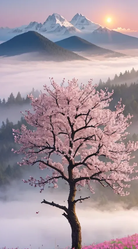 a twig of an apple tree
with pink flowers below it is a meadow full of beautiful flowers on the horizon there are mountains in t...