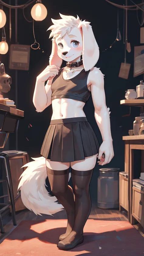 man, boy, mature adult, cute white puppy, fluffy , floppy ears , collar, crop top, skirt, thigh high stockings
