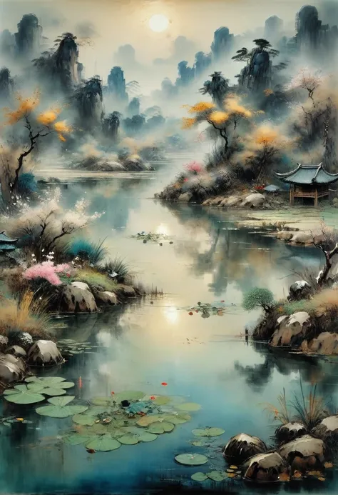 Evening Pond, by Zao Wou-Ki, (masterpiece, best quality, perfect composition, very aesthetic, absurdres, ultra-detailed, intricate details, Professional, official art, Representative work:1.3)