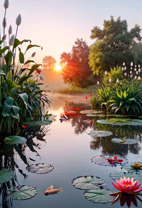 a beautiful pond in the evening, with white and red water lilies, a bird that wants to catch a fish, a beautiful sunset, reeds, ...