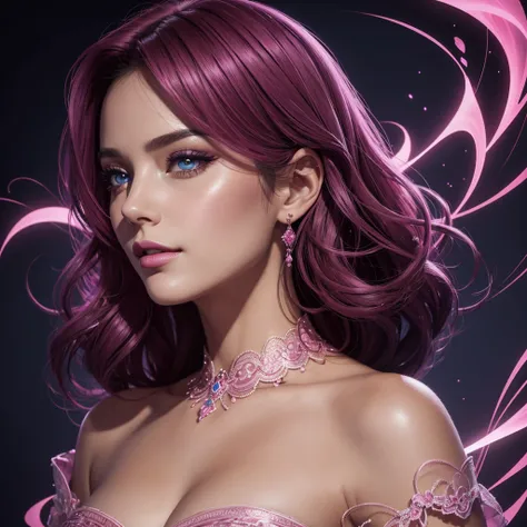 Portrait, belle femme aux cheveux noirs et une robe rose soyeuse, chiffre de sablier, symmetrical figure, very detailed face, beau visage, yeux bleus apaisants, lush pink lips, souriant, Attractive, superbe illustration numérique, fond de fantaisie cosmiqu...