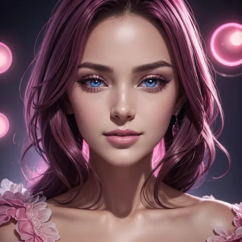 Portrait, belle femme aux cheveux noirs et une robe rose soyeuse, chiffre de sablier, symmetrical figure, very detailed face, beau visage, yeux bleus apaisants, lush pink lips, souriant, Attractive, superbe illustration numérique, fond de fantaisie cosmiqu...