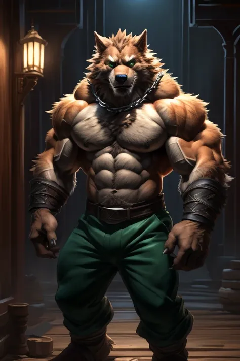 Werewolf, orange fur, bitone, white chest fur, black beard, green eyes, realistic eyes, posted on e621, furry body, anthro body, anthro werewolf, claws on hands, werewolf, solo, male, adult, masculine, (very muscular, large muscles, buff:1.2), correct anat...