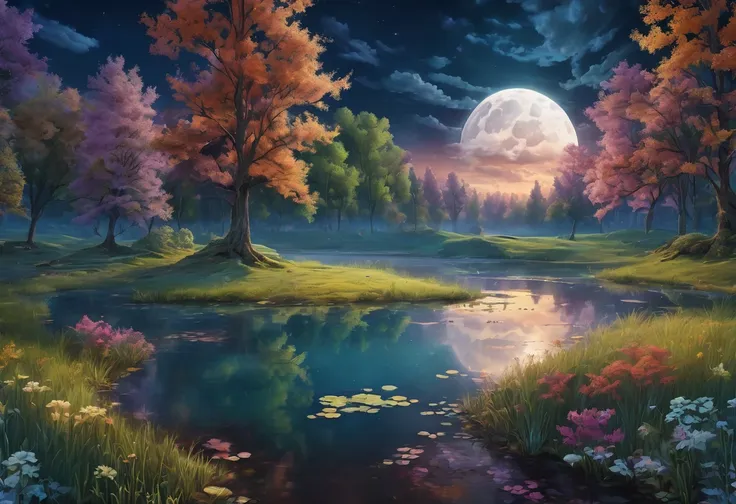 night pond:1.5, (masterpiece),(best quality:1.0), (ultra-high resolution:1.0), detailed illustration, detailed landscape, vibran...