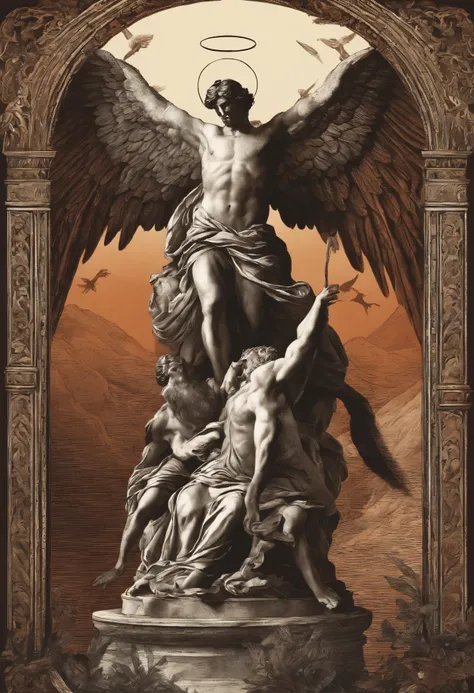 Engraving style , Out of jealousy, Lucifer cuts off the wing of his angel son, who is stronger and better than him, causing the other angels to look at him with hatred.