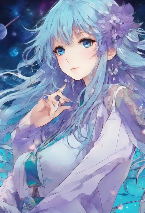 Masterpiece. High-resolution. (1girl) about 20 years old. Pretty beautiful girl. Standing pose. Imposing. Pretty big purple eyes. Delicate face. ((Long light blue hair)). Straight hair. Messy hair. Hair bangs. Hair blowing in the wind. ((Turquoise tunic))....