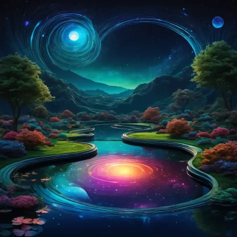 (best quality, highres, ultra sharp), magical Evening Pond, about the curvature of space time, art decostyle , full colored, 3d crunch, dark tones,