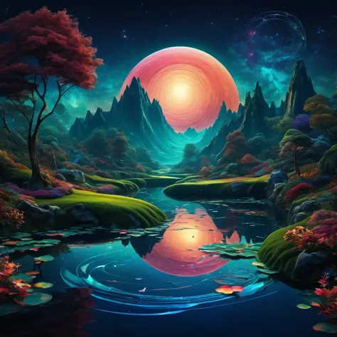 (best quality, highres, ultra sharp), magical Evening Pond, about the curvature of space time, art decostyle , full colored, 3d crunch, dark tones,