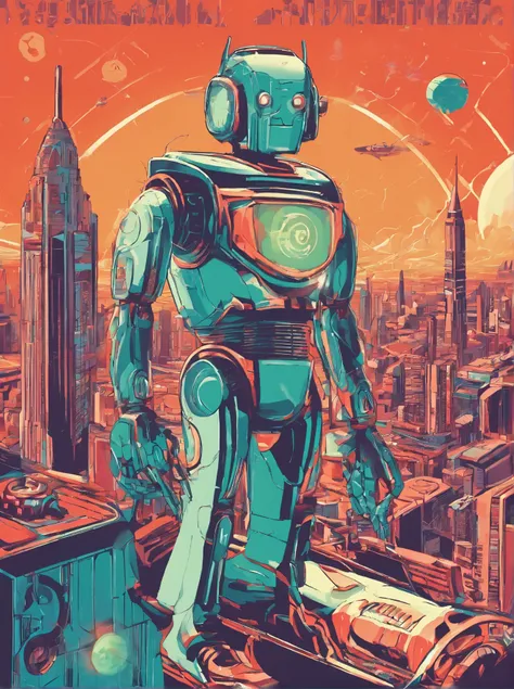 a poster of a robot standing on a platform in front of a city, retro sci - fi art, inspired by Tom Whalen, tom whalen 8 k, by Tom Whalen, dan mcpharlin, art deco sci fi, retro futuristic comics, dan mumford and pixar, by Tim Biskup, retro sci-fi, retro sci...