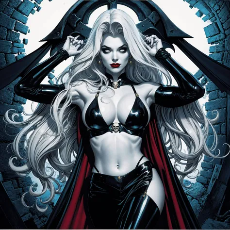 Uma mulher solo girl, Queen of Death, pale skinned, cabelos brancos, olhos brancos,  red-lips, goth makeup, expression would be sensual, corpo sensual sexy, cintura fina, coxas grossas, usando um vestido antigo preto, ela usando um colar de caveira de prat...