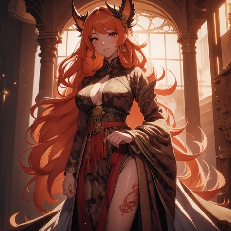 REALISTIC VISION 1.4, BETTER VAE,sharp focus, ultra detail, 32k,realistic photo, intricate details, kitsune, orange hair, oranfe eyes, intricate details ,woman, nine tails,intricate details,intricate details,big , Voluptuous body, intricate details, Miko,c...