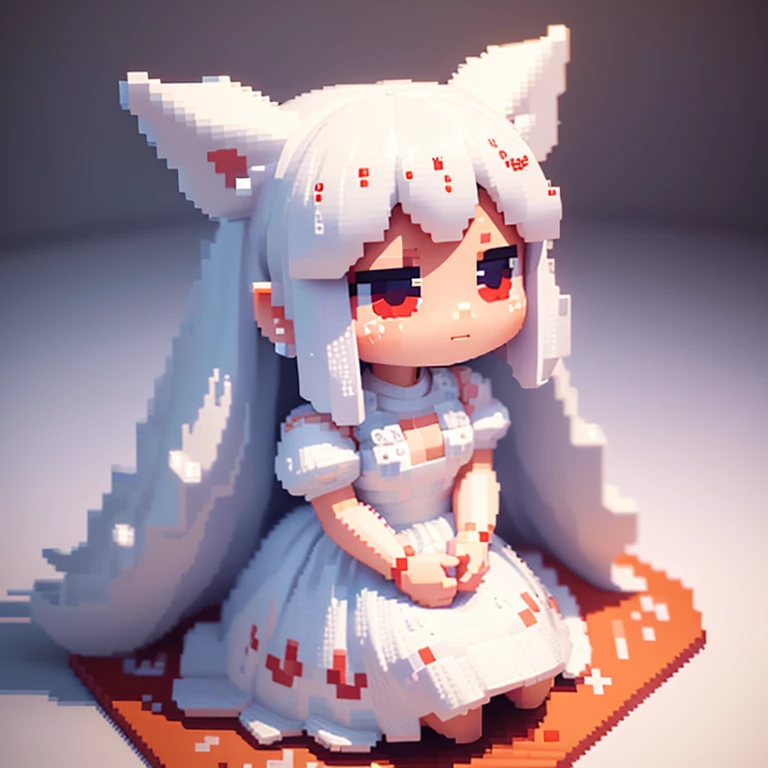 Voxels,（3D Big Pixel Art）, （3D Pixel Art）,Chibi,Large pixels,cute,kawaii,solo,1 girl,(3D Pixel Art),white hair,long,hair,rabbit ear,white dress,holding carrot,red eyes,big eyes,skin color white,sitting down,(3D Pixel Art)（3D Pixel Art）