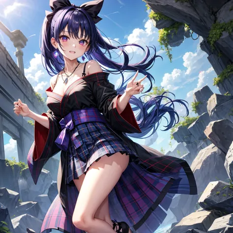 Blue-violet hair、red eyes、one good looking girl、solo、anime、plaid mini skirt、black camisole、black t-shirt、kimono、wearing a ribbon、ribbon at waist、stones are piled up、crystal earrings、jewelry necklace、Light and shadow、tilting one&#39;s face、teeth are visible...