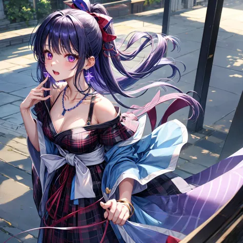 Blue-violet hair、red eyes、one good looking girl、solo、anime、plaid mini skirt、black camisole、black t-shirt、kimono、wearing a ribbon、ribbon at waist、stones are piled up、crystal earrings、jewelry necklace、Light and shadow、tilting one&#39;s face、teeth are visible...