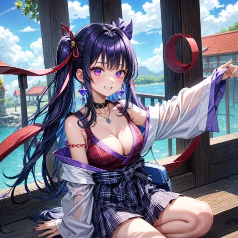 Blue-violet hair、red eyes、one good looking girl、solo、anime、plaid mini skirt、black camisole、black t-shirt、kimono、wearing a ribbon、ribbon at waist、stones are piled up、crystal earrings、jewelry necklace、Light and shadow、tilting one&#39;s face、teeth are visible...