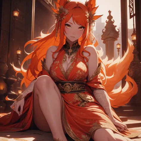 REALISTIC VISION 1.4, BETTER VAE,sharp focus, ultra detail, 32k,realistic photo, intricate details, kitsune, orange hair, oranfe eyes, intricate details ,woman, nine tails,intricate details,intricate details,big , Voluptuous body, intricate details, Miko,c...