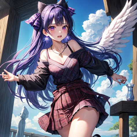 Blue-violet hair、red eyes、one good looking girl、solo、anime、plaid mini skirt、black camisole、black t-shirt、kimono、wearing a ribbon、ribbon at waist、stones are piled up、crystal earrings、jewelry necklace、Light and shadow、tilting one&#39;s face、teeth are visible...