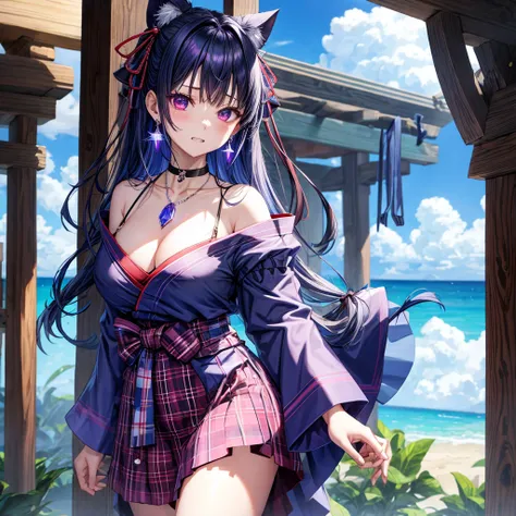 Blue-violet hair、red eyes、one good looking girl、solo、anime、plaid mini skirt、black camisole、black t-shirt、kimono、wearing a ribbon、ribbon at waist、stones are piled up、crystal earrings、jewelry necklace、Light and shadow、tilting one&#39;s face、teeth are visible...