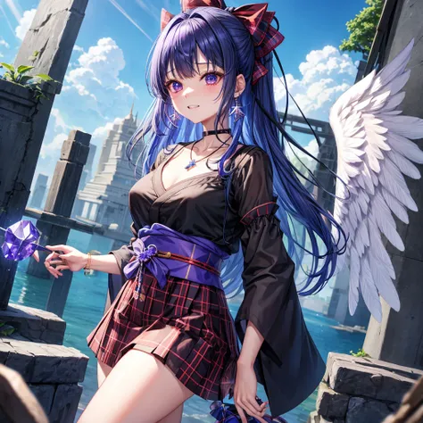 Blue-violet hair、red eyes、one good looking girl、solo、anime、plaid mini skirt、black camisole、black t-shirt、kimono、wearing a ribbon、ribbon at waist、stones are piled up、crystal earrings、jewelry necklace、Light and shadow、tilting one&#39;s face、teeth are visible...