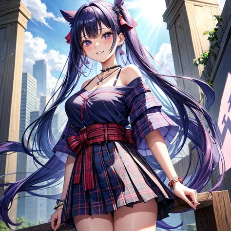 Blue-violet hair、red eyes、one good looking girl、solo、anime、plaid mini skirt、black camisole、black t-shirt、kimono、wearing a ribbon、ribbon at waist、stones are piled up、crystal earrings、jewelry necklace、Light and shadow、tilting one&#39;s face、teeth are visible...