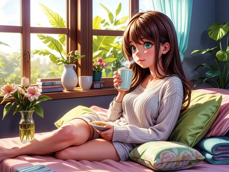 (best quality,highres,ultra-detailed),a girl drinking coffee on the bed in the morning sunlight coming in from the window,illustration,soft pastel colors,beautiful detailed eyes,beautiful detailed lips,flowing long hair,sunlight casting a warm glow,peacefu...