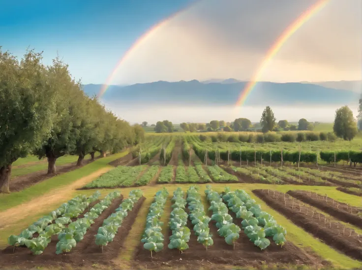 (((A vegetable patch on a clear day))), (((an orchard stretches out in the distance))), fantasy art, (((clear blue sky))), ((rainbow)),  (((in style of Leonardo da Vinci))), (((dreamlike scenery)))