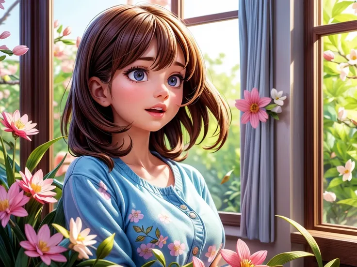 A girl opening the curtain in the morning sunlight, beautiful detailed eyes, beautiful detailed lips, extremely detailed eyes and face, long eyelashes, sunlight streaming through the window, soft morning glow, fresh and vibrant colors, a garden blooming wi...